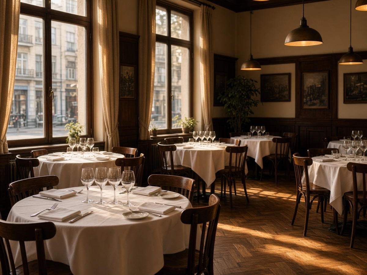 Salonul unui restaurant, cu mesele pregătite pentru oaspeți