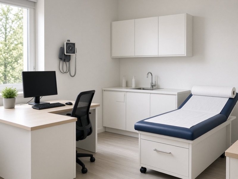 Un cabinet medical, cu pat de consultație